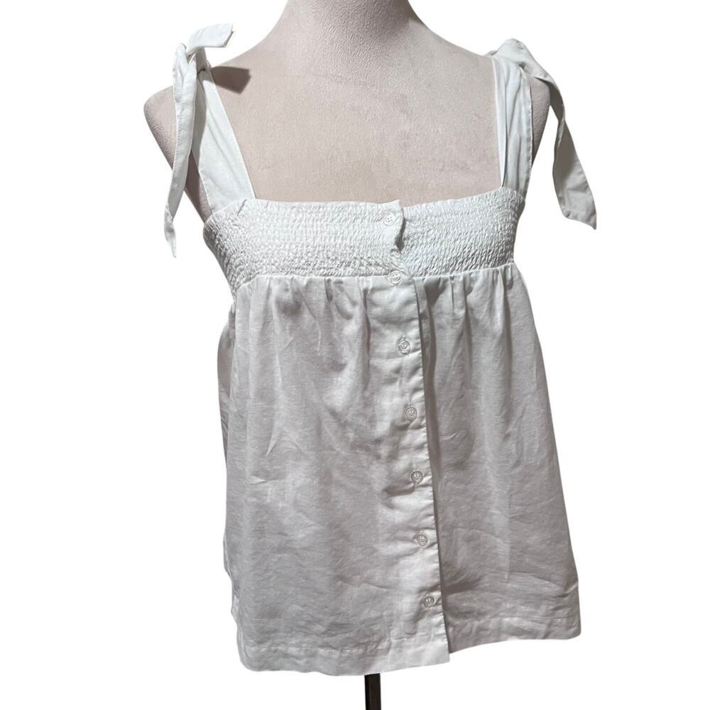 Saks Fifth Avenue Linen Blend Tie Strap Smocked Tank Top White Size S